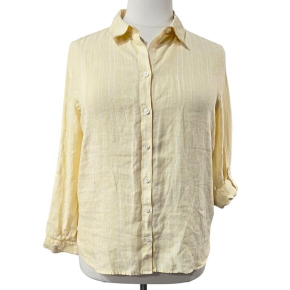 Chico's 100% Linen No Iron Yellow White Double Stripe Roll Tab Sleeve Shirt - Picture 1 of 10